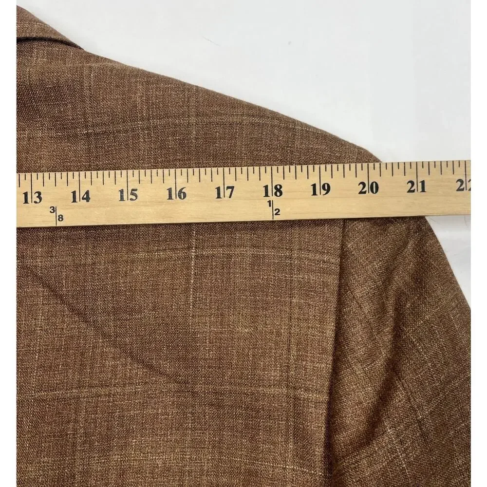 Hickey Freeman Mens Silk Linen Wool Plaid Blazer 44L Brown Sport Coat Jacket
